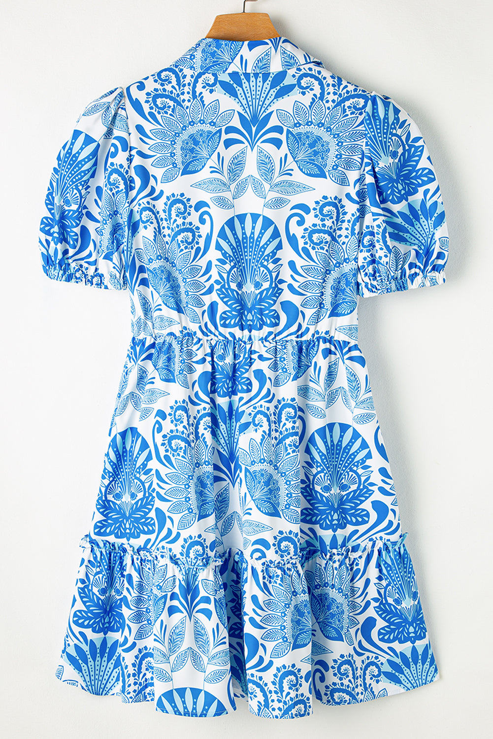 Sky Blue Retro Floral Print Drawstring Waist Ruffled Mini Dress