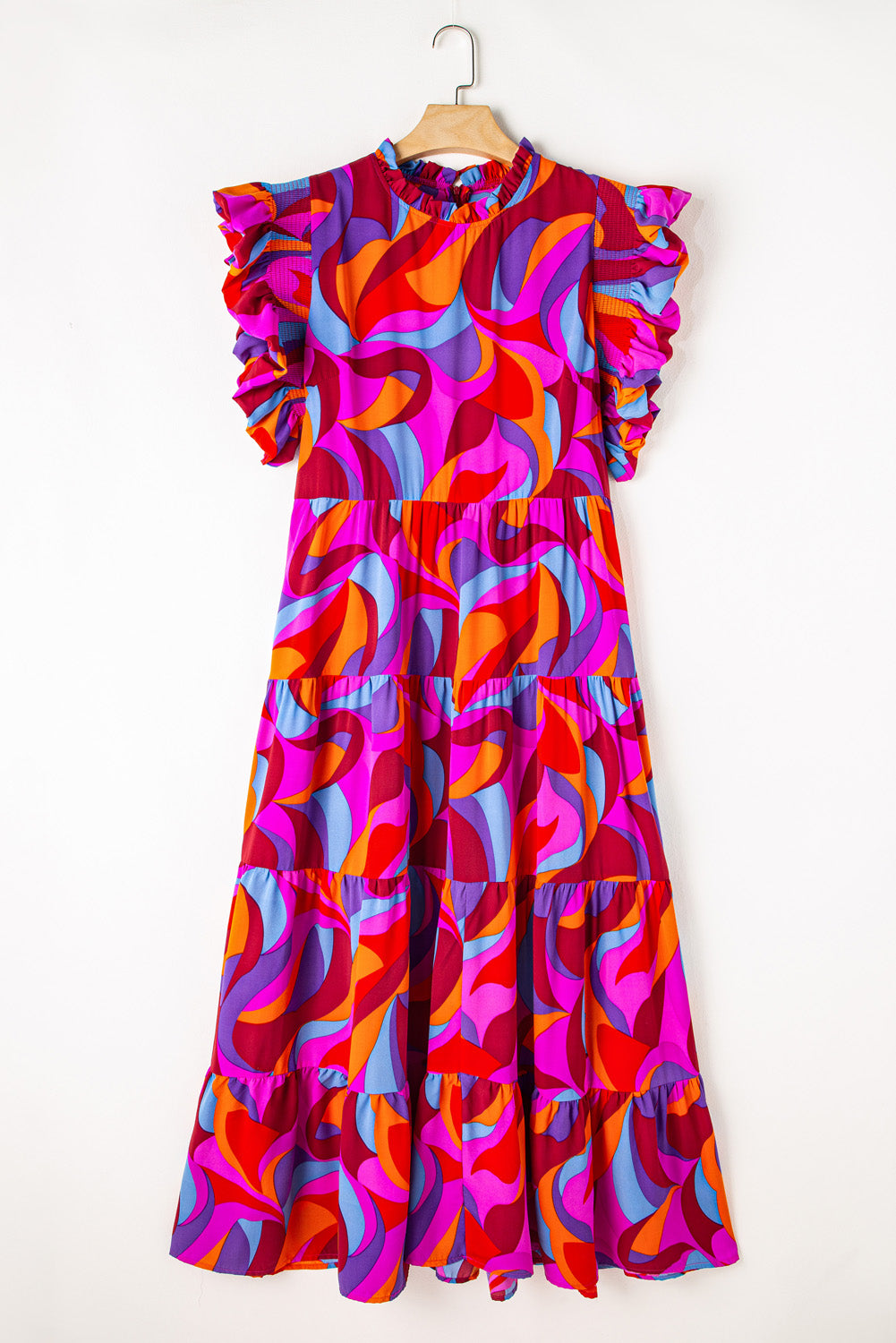 Multicolour Plus Abstract Print Ruffled Mock Neck Tiered Maxi Dress