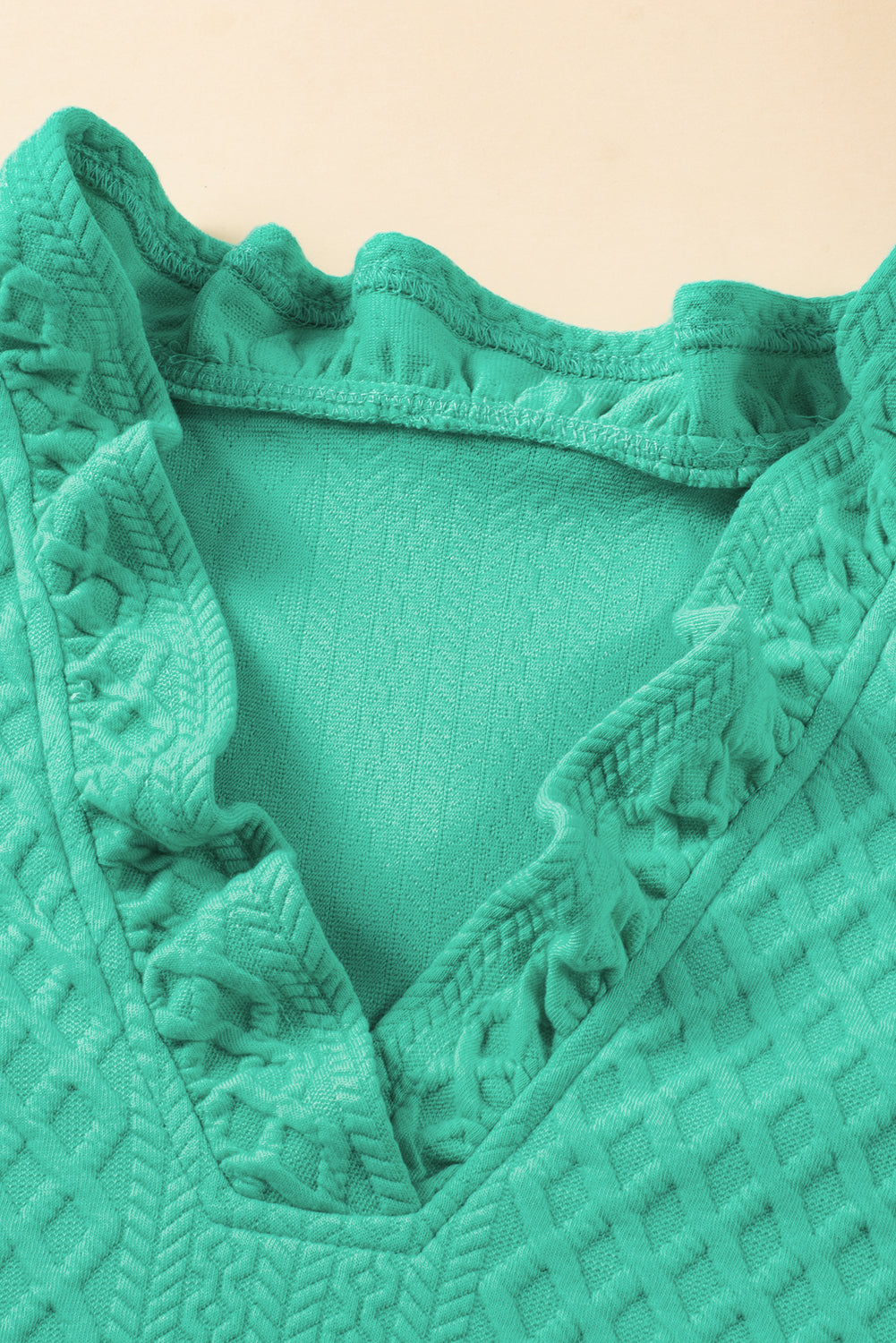 Sea Green Textured Puff Sleeve Ruffled V Neck Shift Mini Dress