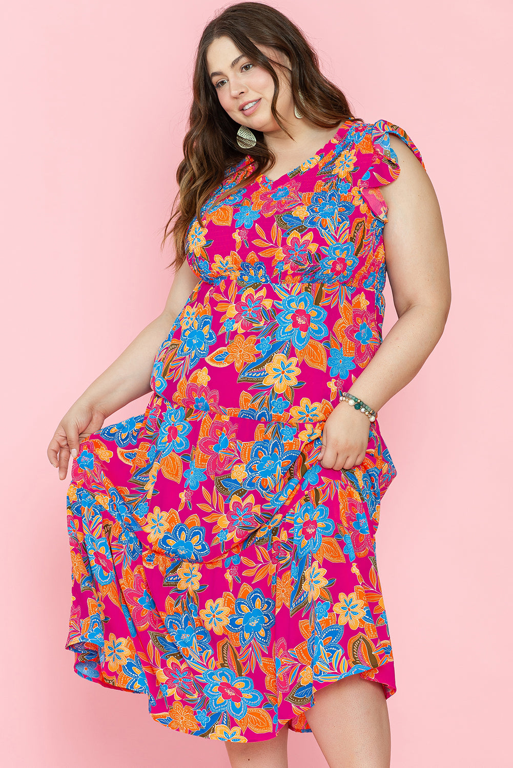 Red Floral Print Ruffled Sleeveless Plus Size Long Dress