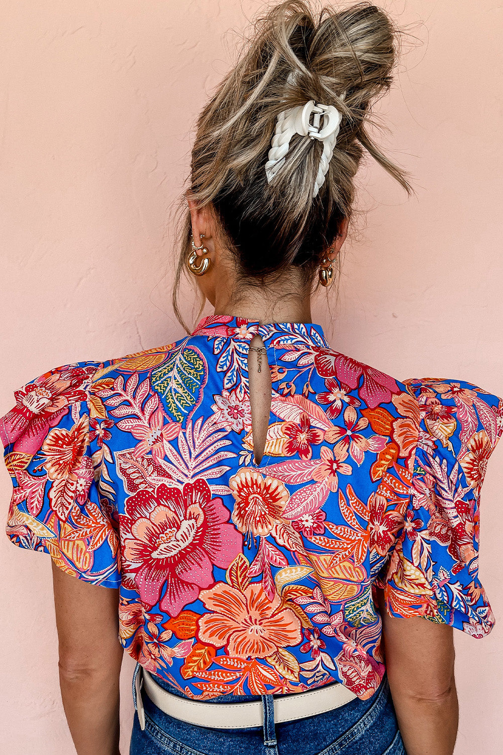 Pink Floral Ruffled Puff Sleeve Mock Neck Blouse