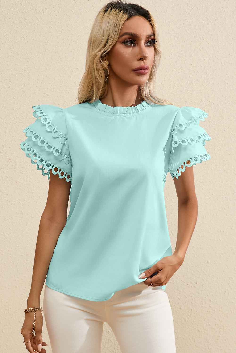 Mint Green Layered Ric Rac Cap Sleeve Frilled Neck Blouse